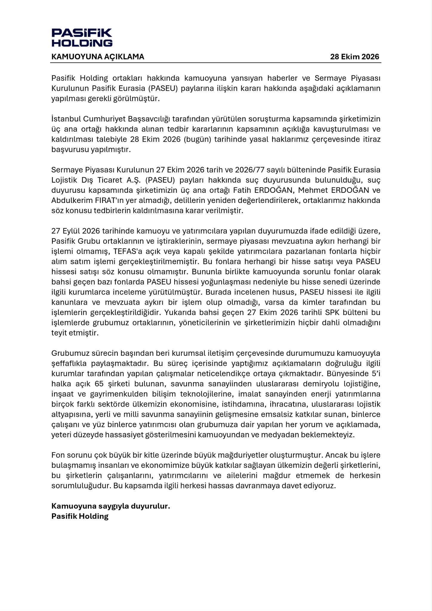 Pasifik Holding - Kamuoyuna Açıklama, 28 Ekim 2026